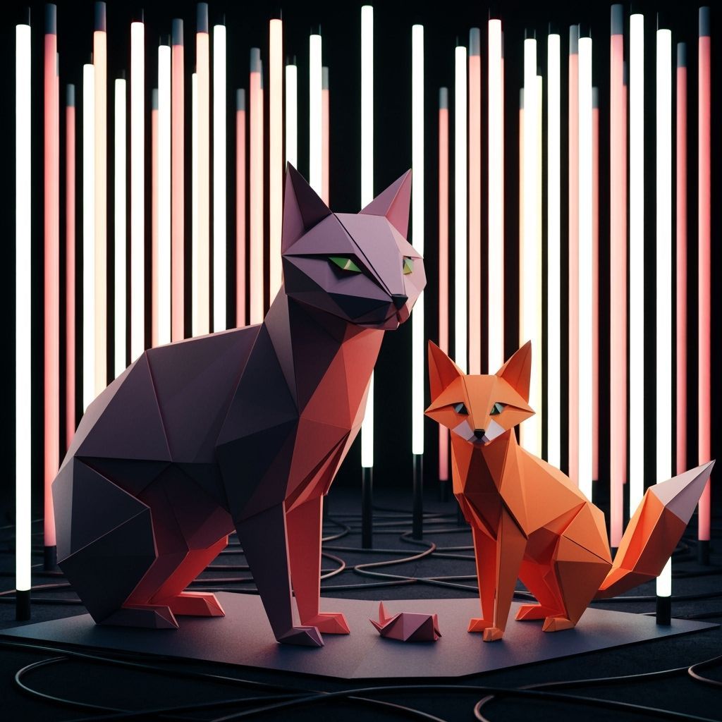 Origami Animals in Neon Forest, Cubist Style