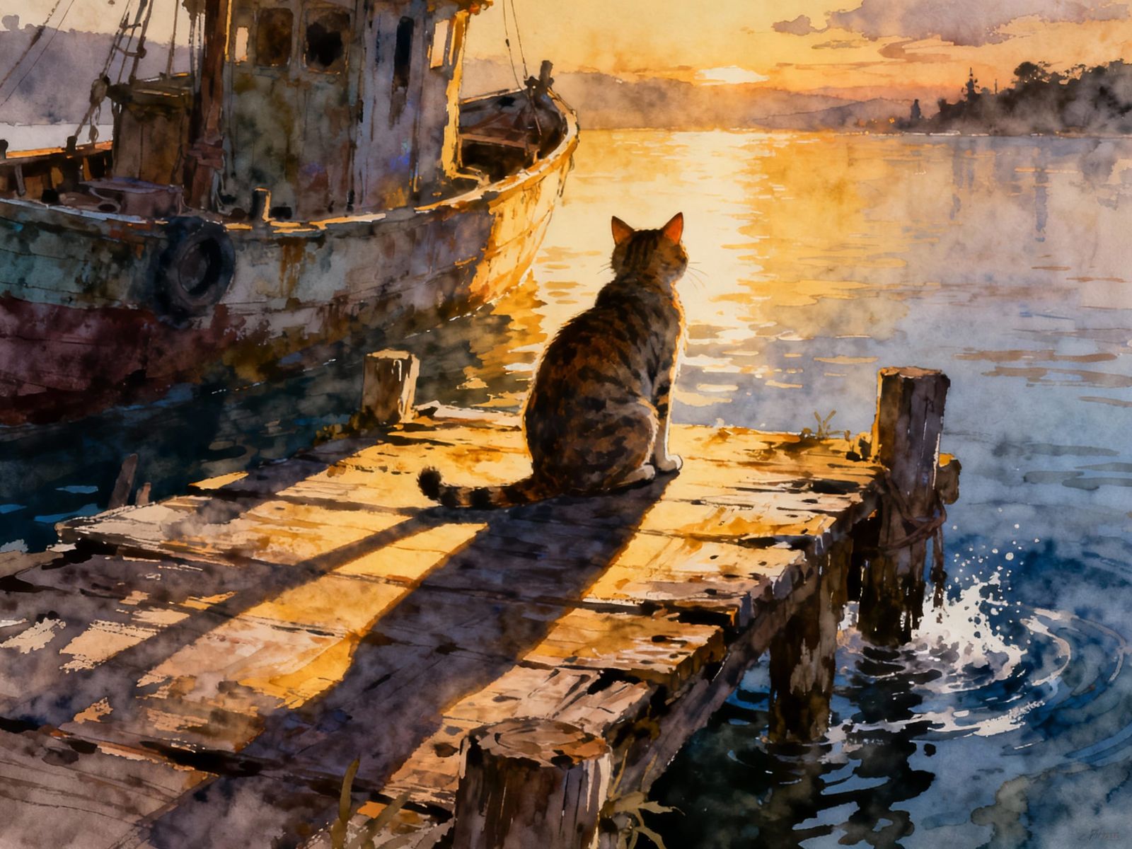 Cat on Dock at Dusk in Detailed Matte Painting Style