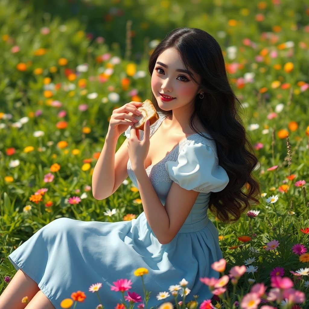 Elegant Woman's Picnic: Vibrant Anime-Style Digital Art