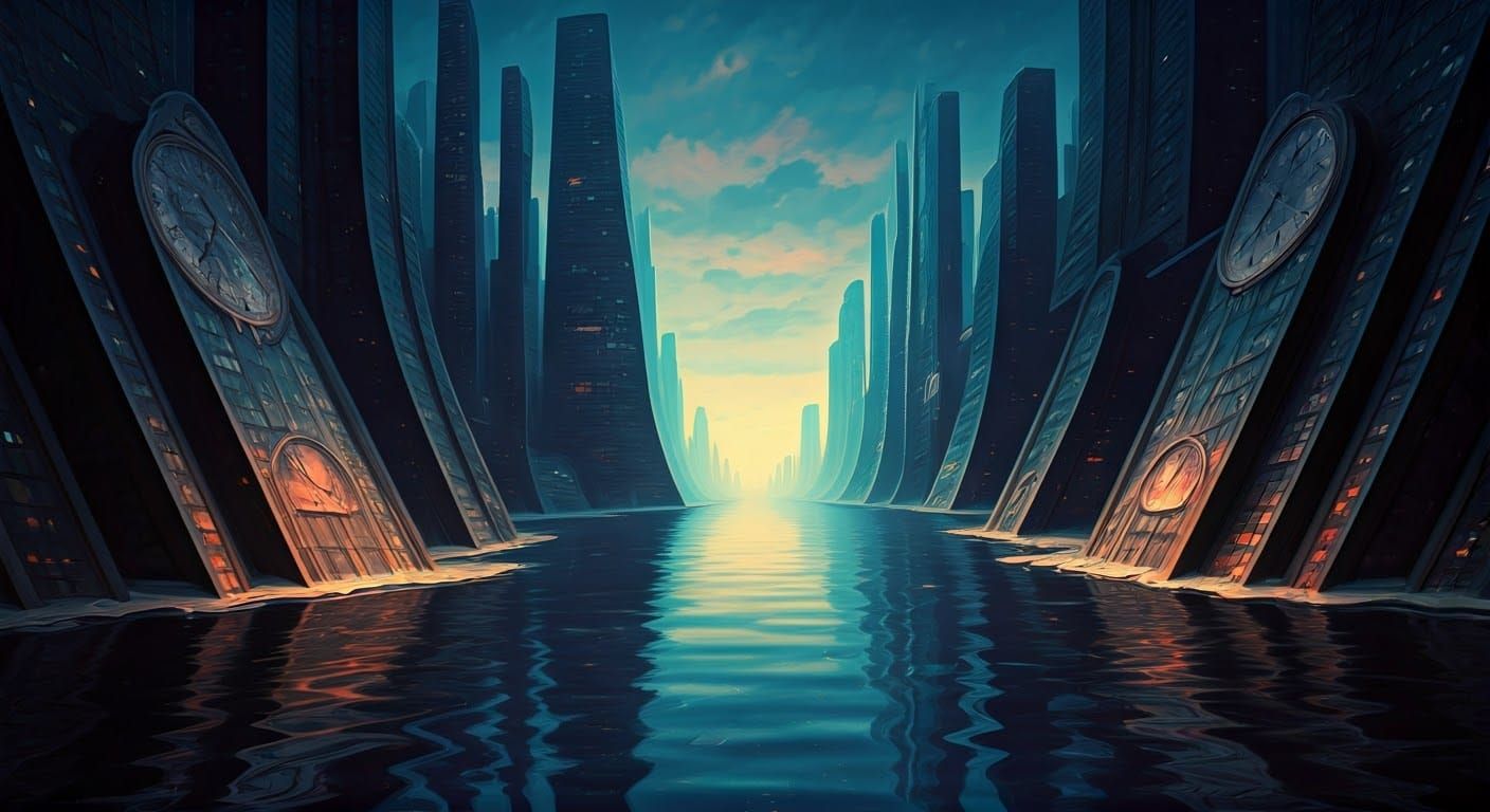 Surreal Cyberpunk Cityscape with Distorted Reflections