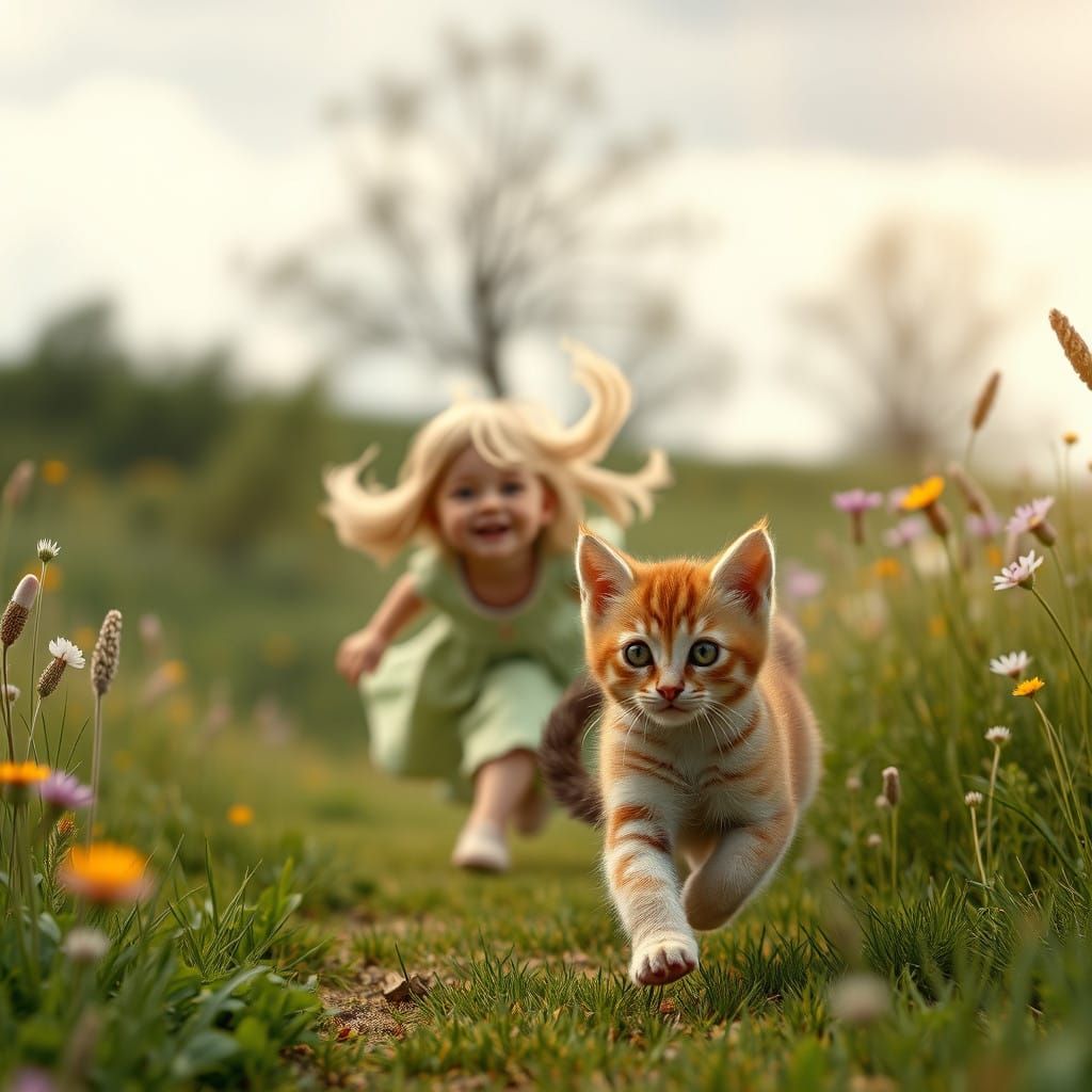 Joyful Little Girl and Kitten in a Vibrant Meadow