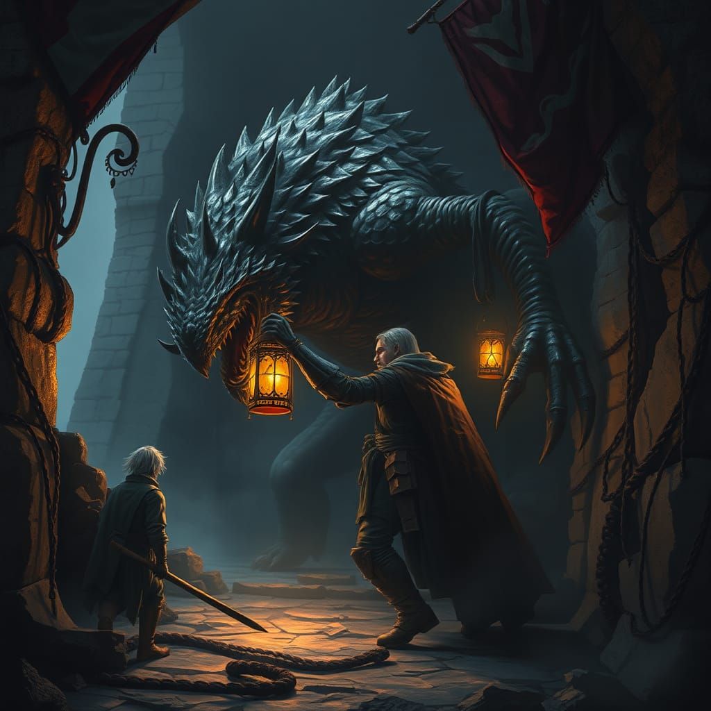 Adventurer in Monster Lair, Greg Rutkowski Style