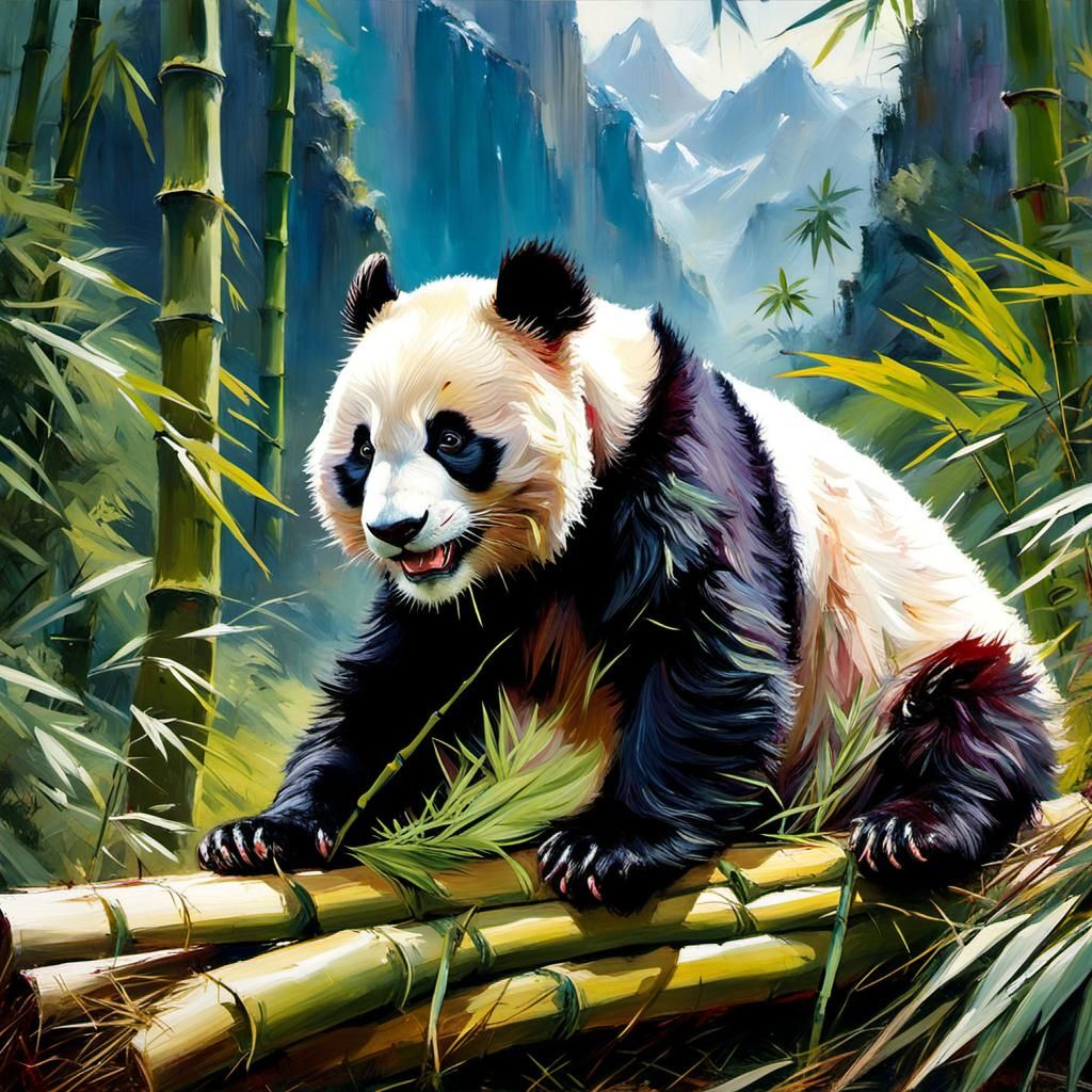 Playful Panda Cub in Bamboo Garden: Oil Painting