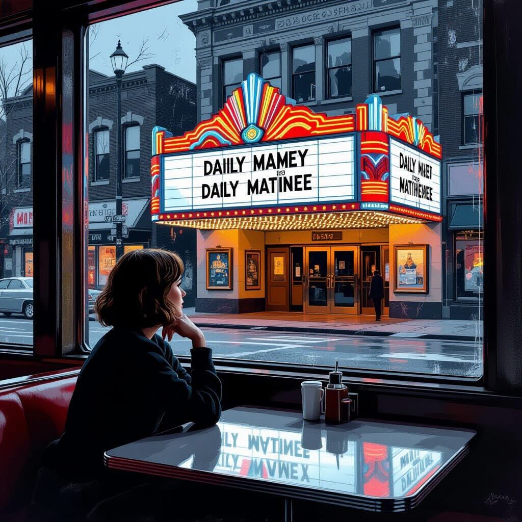 Nostalgic Diner Scene with Vintage Theater, Stylized Realism