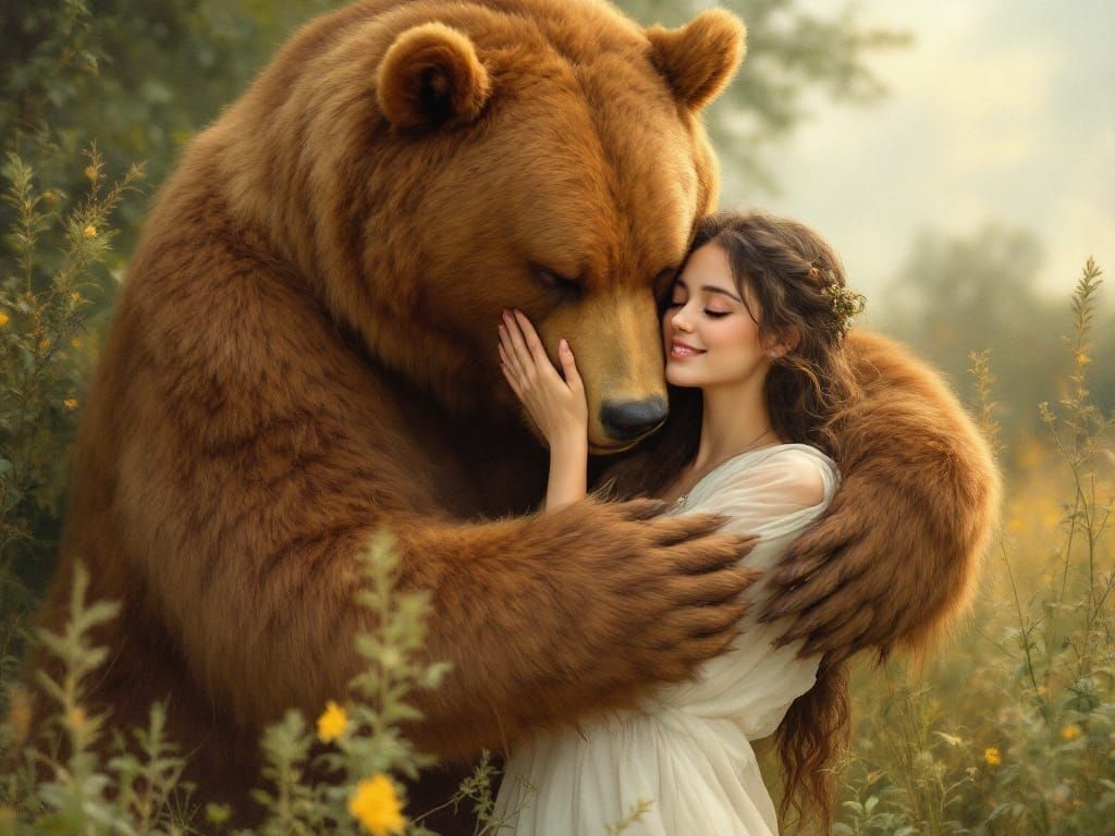 Woman Surrounded by Greenery Receives a Tender Bear Hug