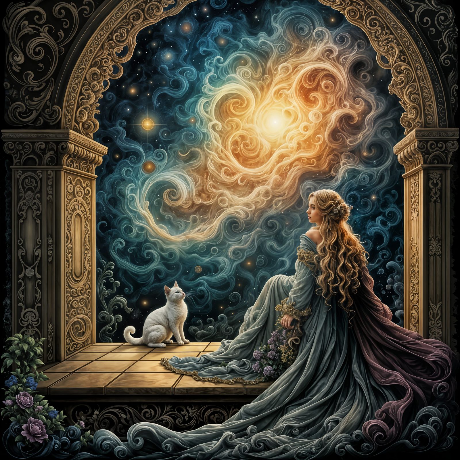 Baroque Woman Contemplates Nebula with Cat
