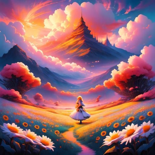 Daisy with Abstract Cloudscape in Complementary Colors