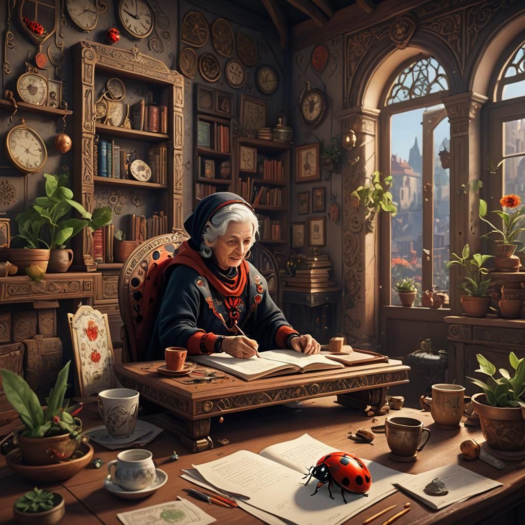 Grandmother and Ladybug Writing Stories: Detailed Matte Pain...