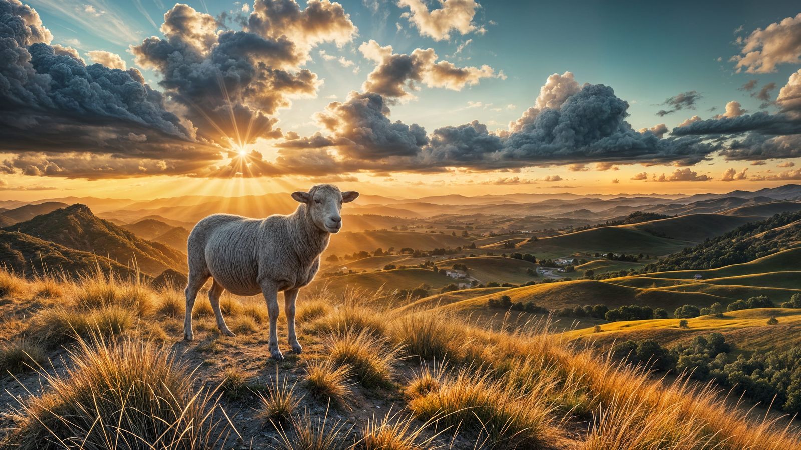 Sunlit Sheep in Golden Valley Landscape