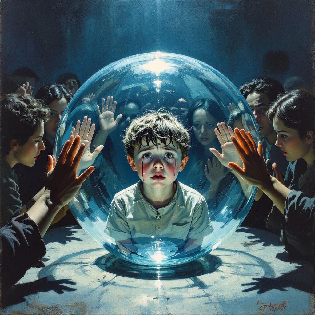 Boy Cries in Glass Ball While Crowd Knocks