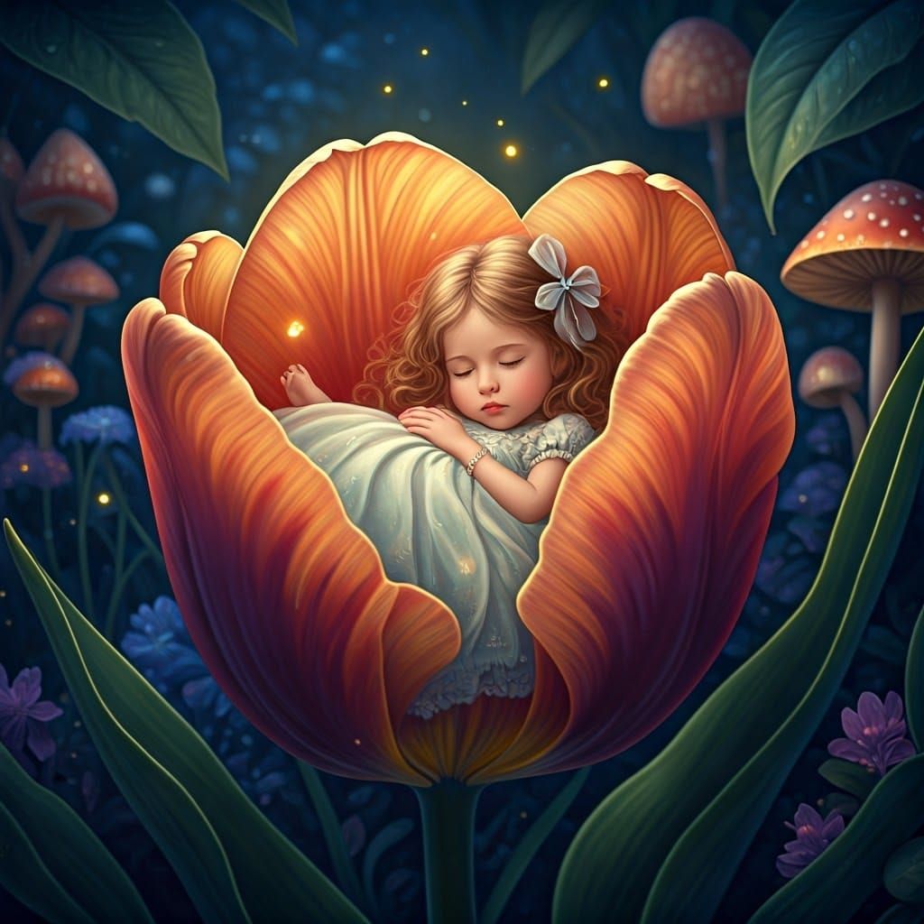 Girl Sleeping in Tulip Petals in Magical Nighttime Garden