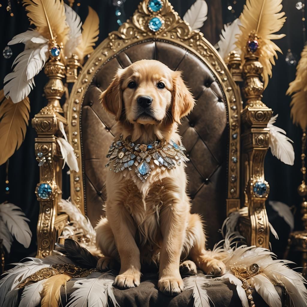 Golden Retriever Puppy King on Jeweled Throne