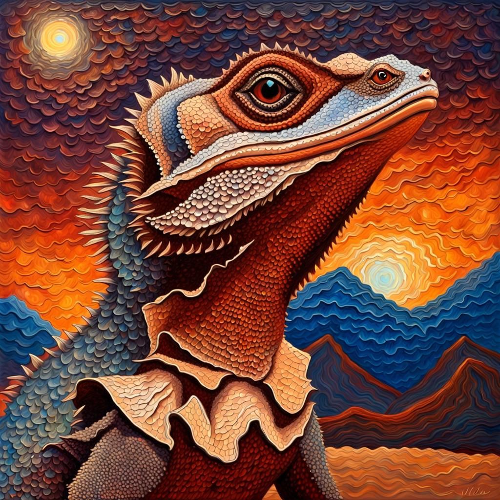 Frilled-Neck Lizard in Desert, Impasto Oil Painting
