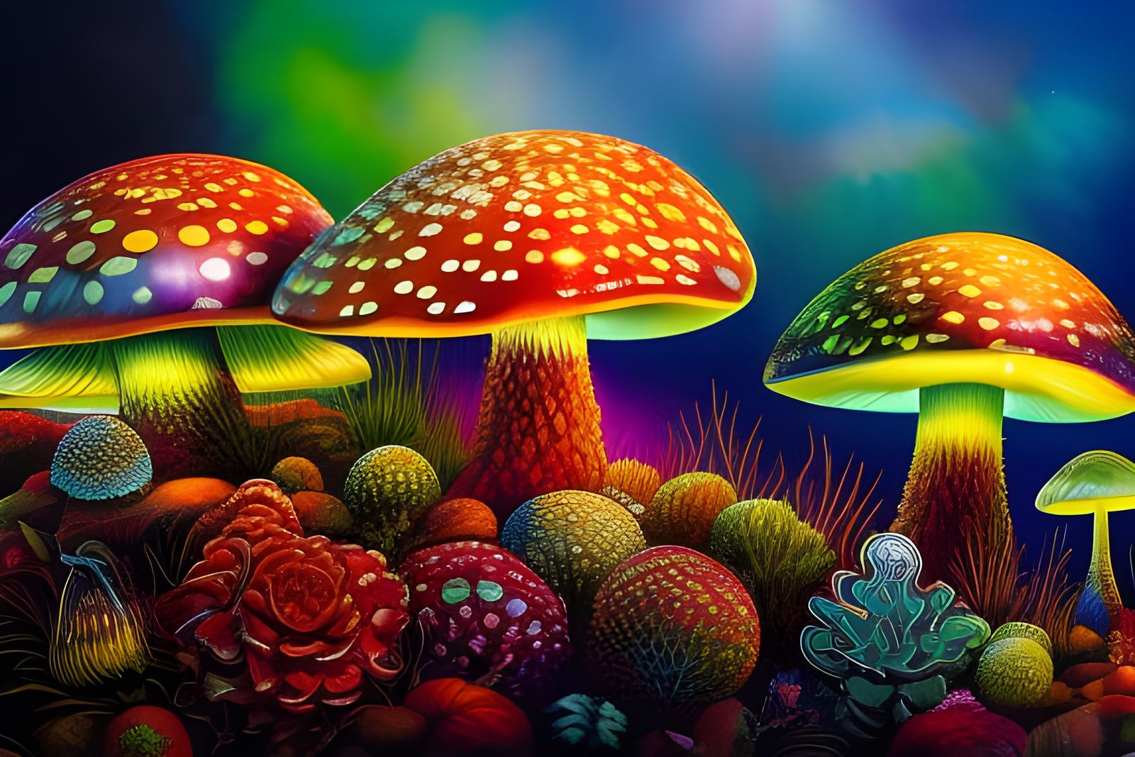 Glowing Mushrooms in a Fantastical Landscape Painting