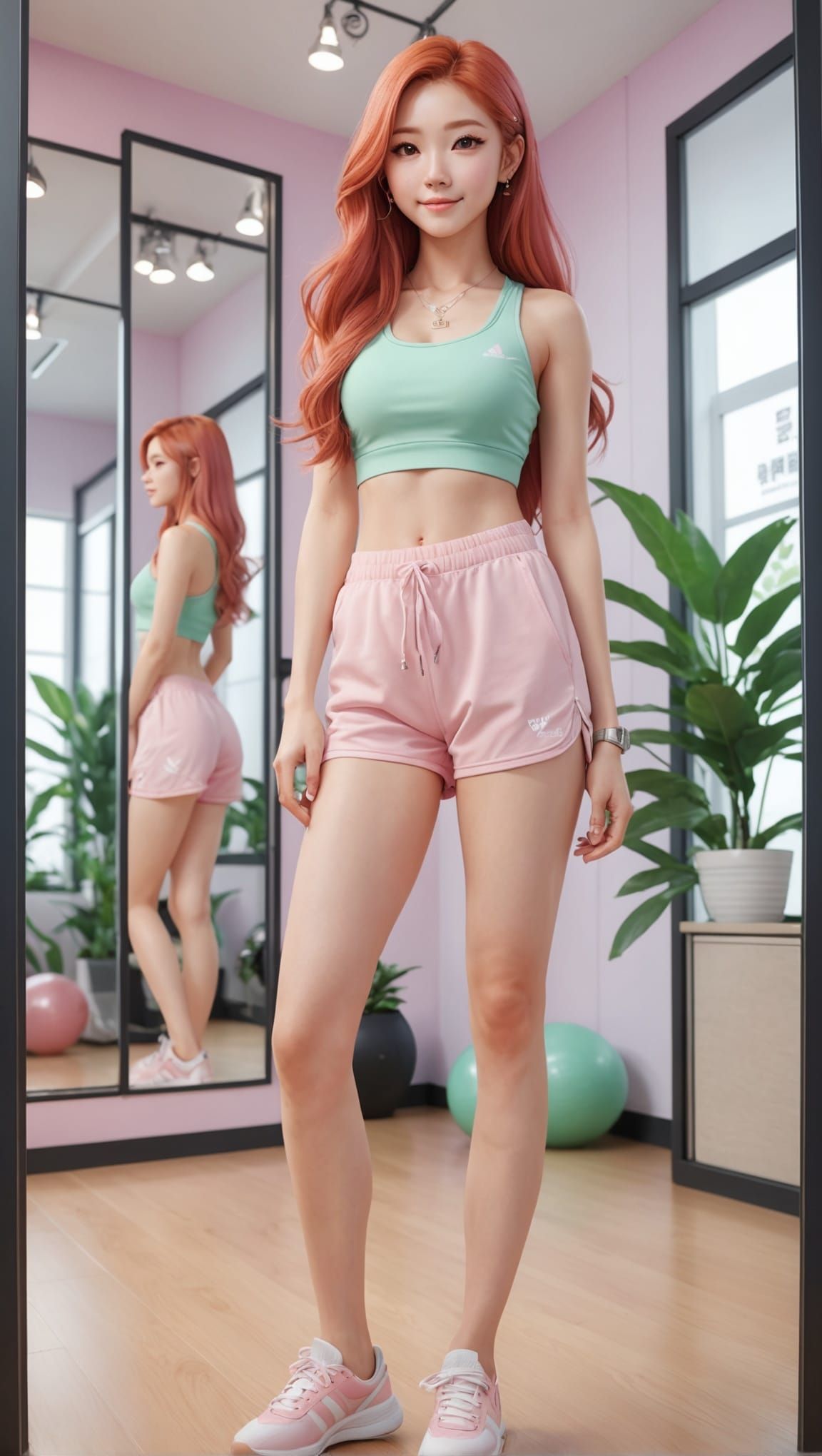 Anime Girl in Pilates Studio: 3D Rendered Art