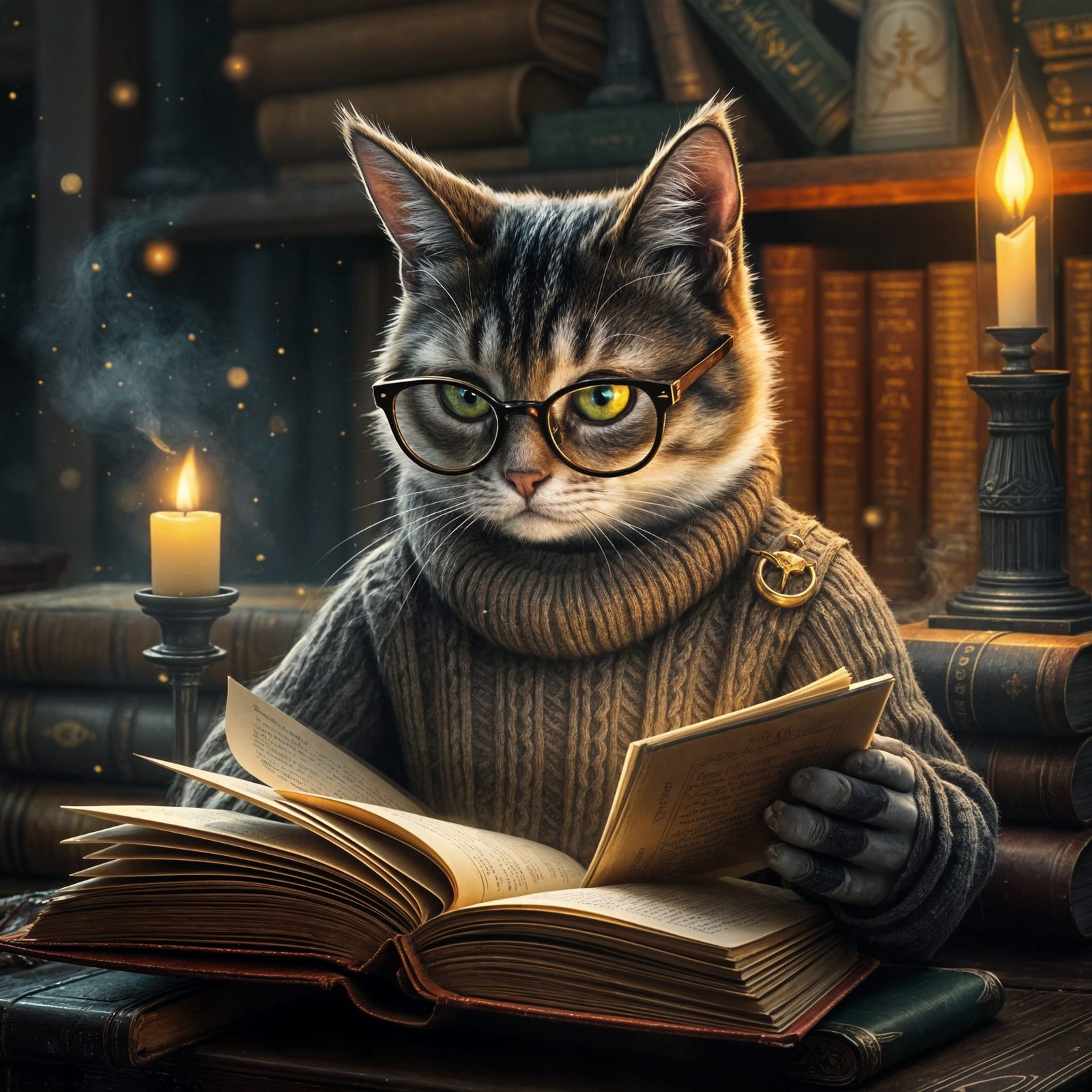 Whimsical Cat Scholar Amidst Mystical Texts and Dusty Illumi...