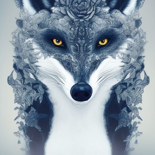 Arctic Fox Portrait with Navy Roses in Hyper-Realistic Style