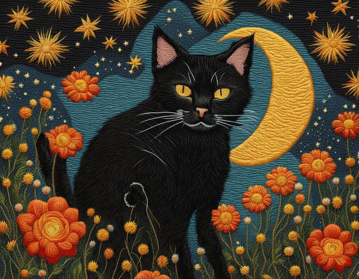 Embroidered Black Cat with Moon, Stars, and Flowers