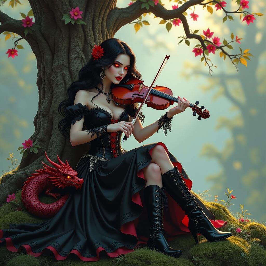 Vampire Woman Plays Violin with Dragon