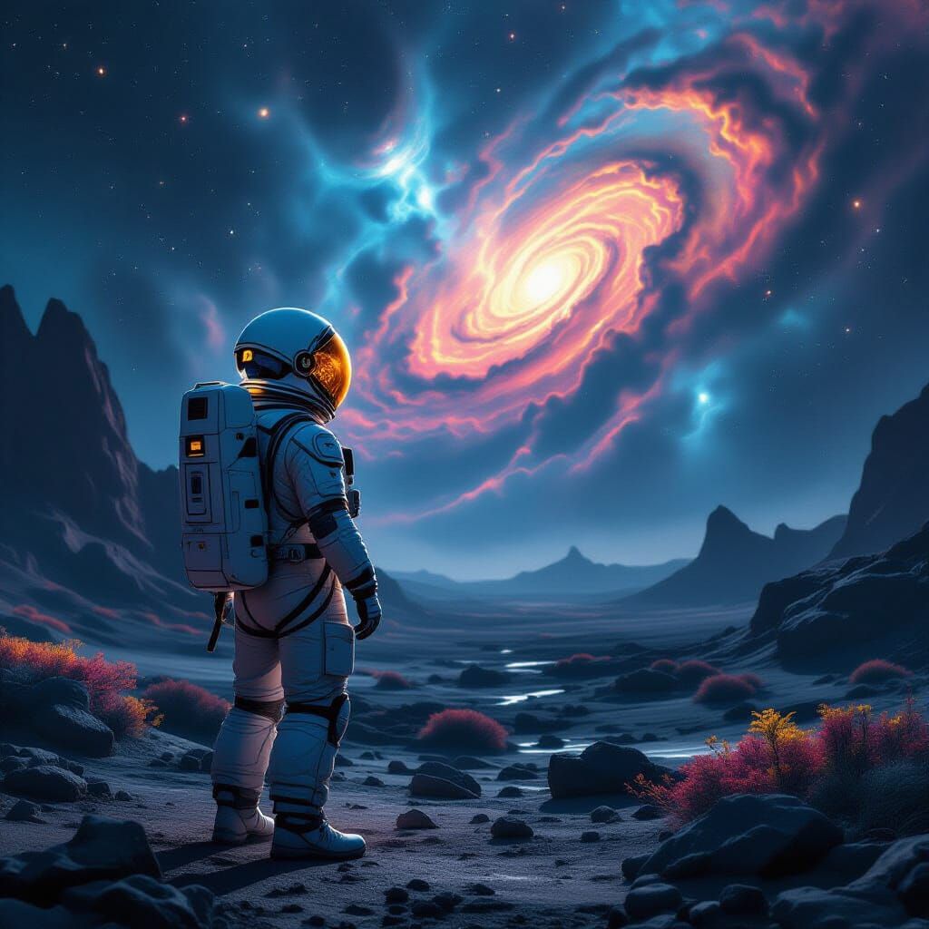 Astronaut on Alien Planet Gazing at Nebula