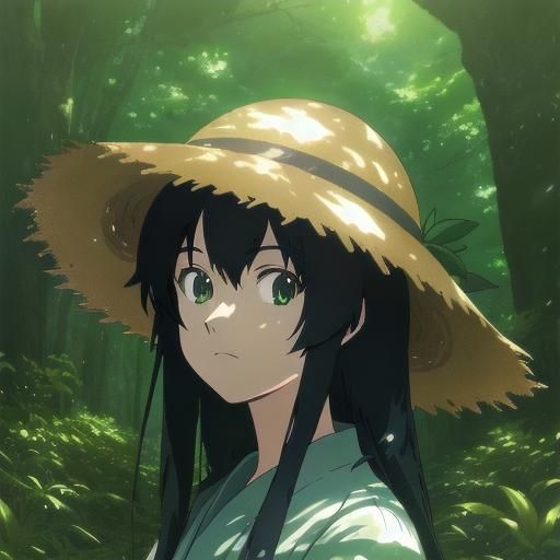 Ghibli Style Girl with Straw Hat in Forest