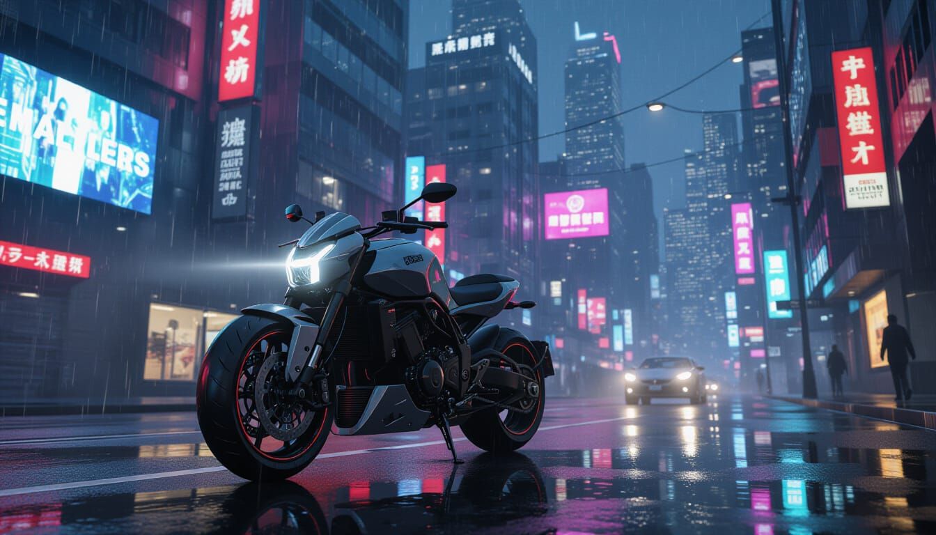 Futuristic Motorcycle on Rain-Slicked Neon Streets