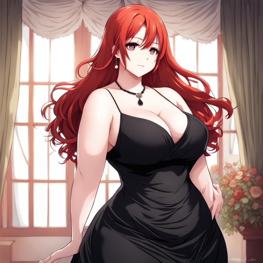 Redhead in Black Dress: Anime Style Illustration
