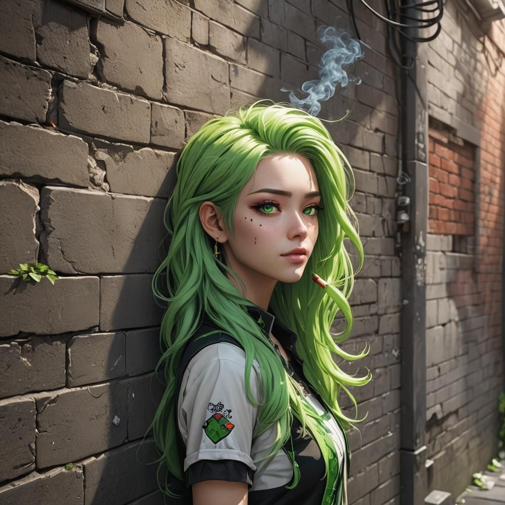 Anime Girl Smoking in Alley: Detailed Digital Art