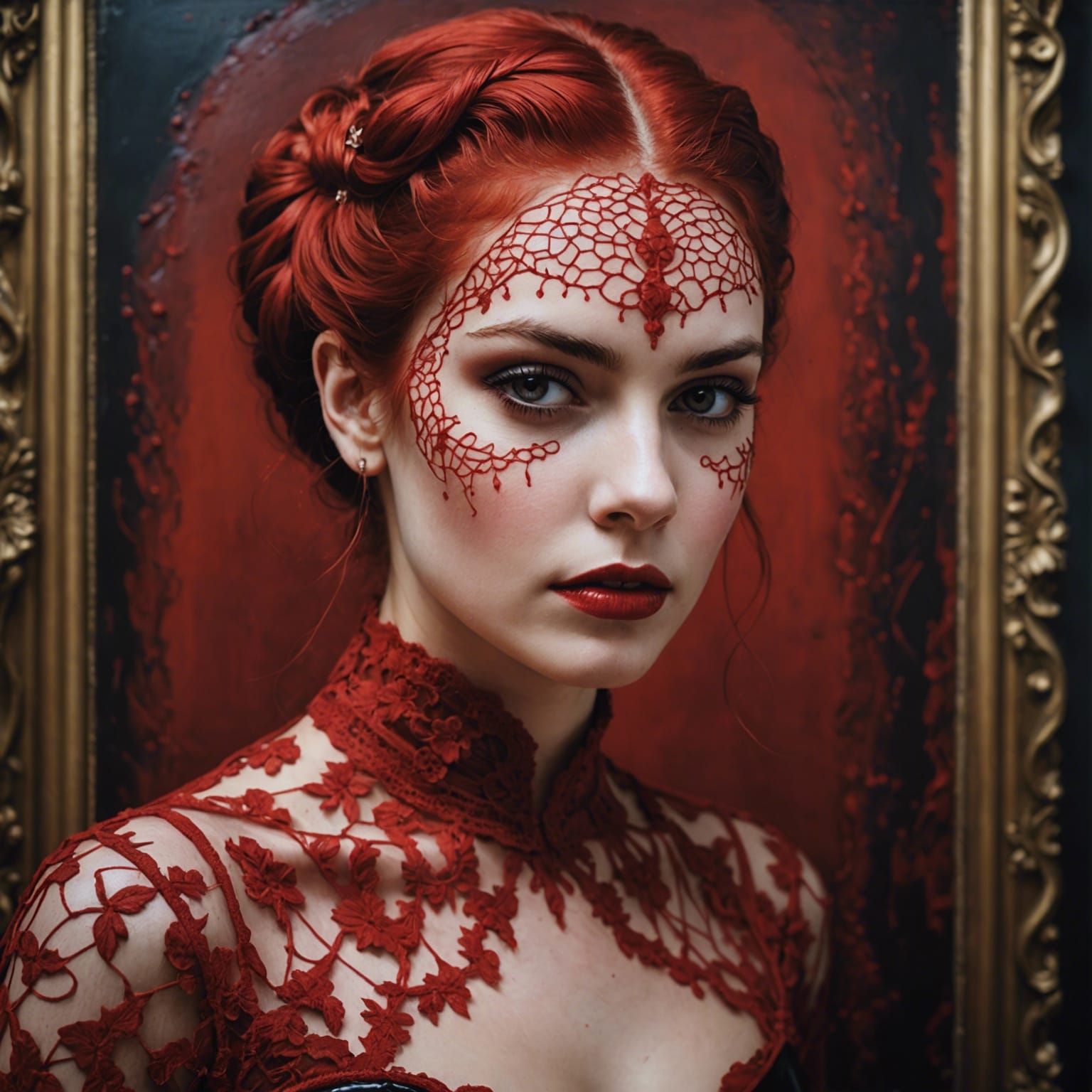 Photo réaliste Peinture d'une femme italienne  en dentelle rouge en latex serré, cheveux foncés et courts, 20 ans, dans ...