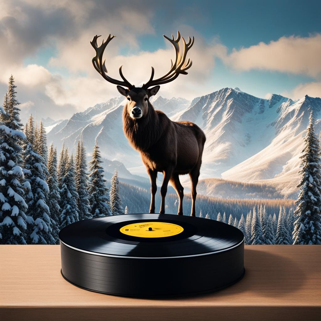 Reindeer on Vinyl LP Overlooking Mountains