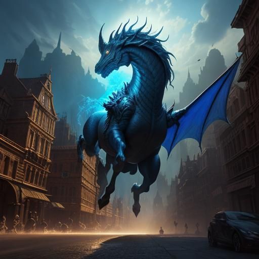 Dragon-Horse Rampage in Medieval City: Fantasy Concept Art