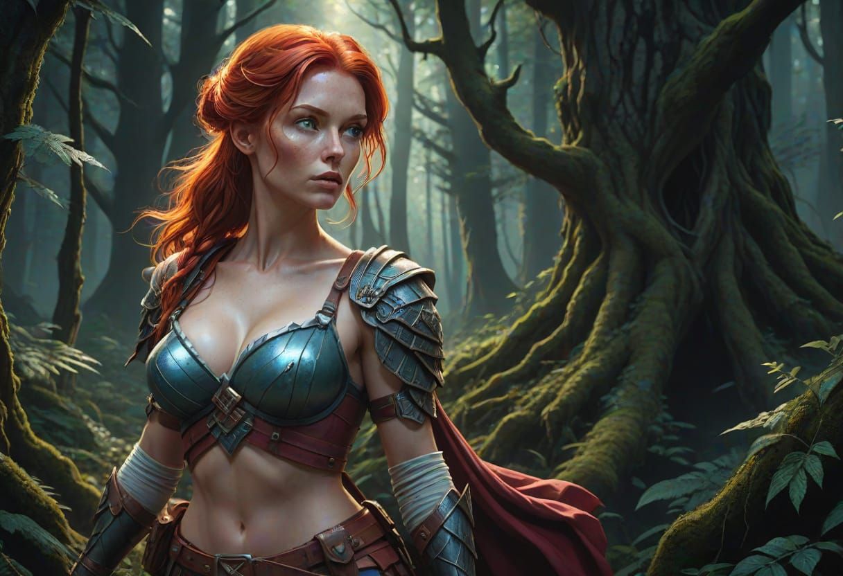 Fantasy Adventurer in Enchanted Woods: Hyperrealistic Action...