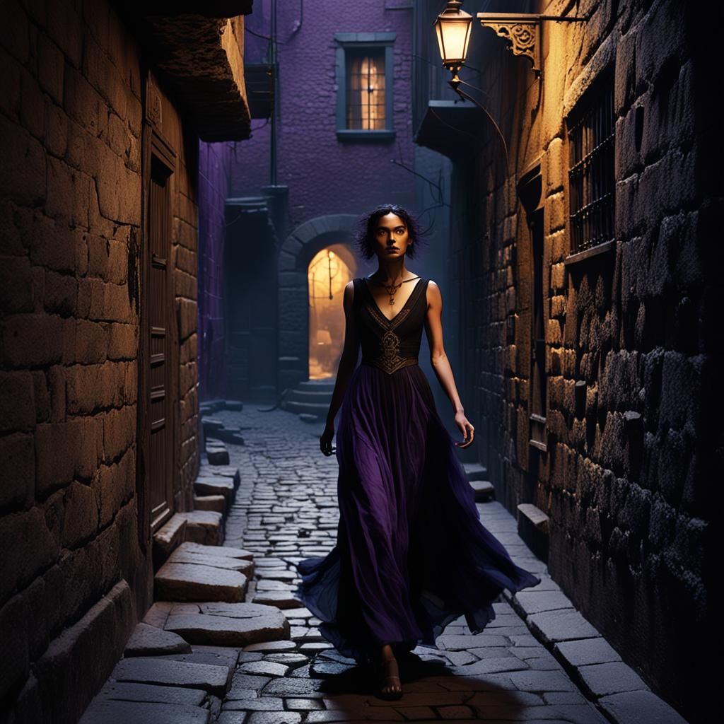 Mysterious Woman in Dark Alleyway: Fantasy Art