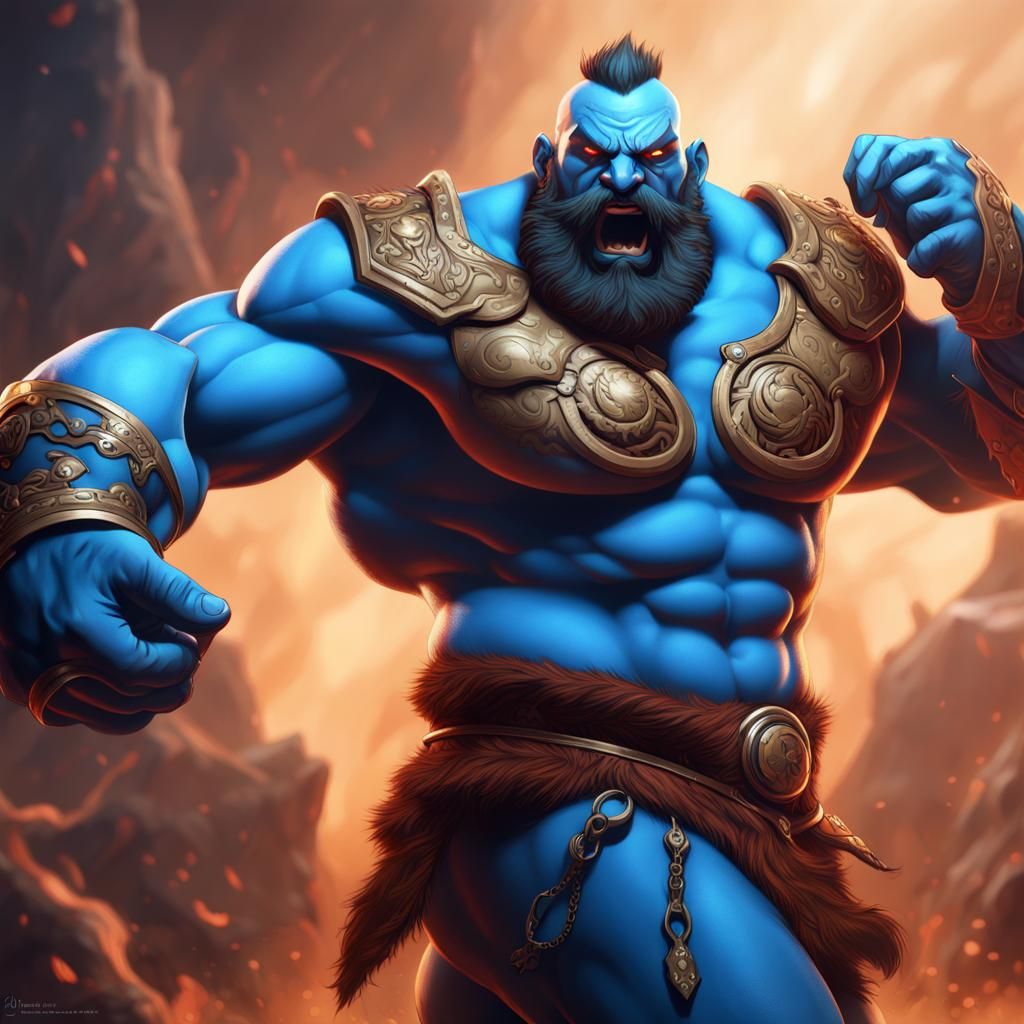 Blue-Skinned Zangief as D&D Goliath: Fantasy Art