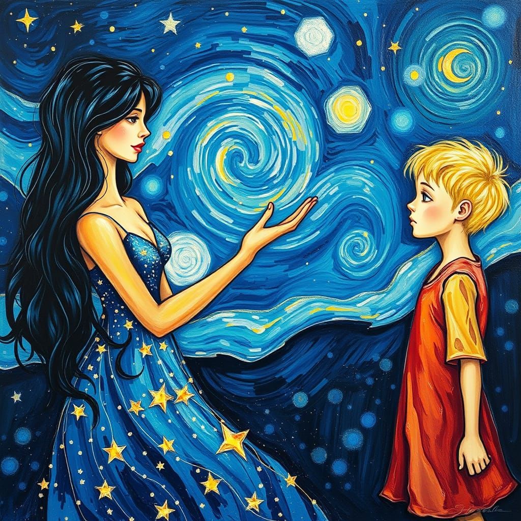 Erté-Inspired Night and Day Personified in Oil Painting