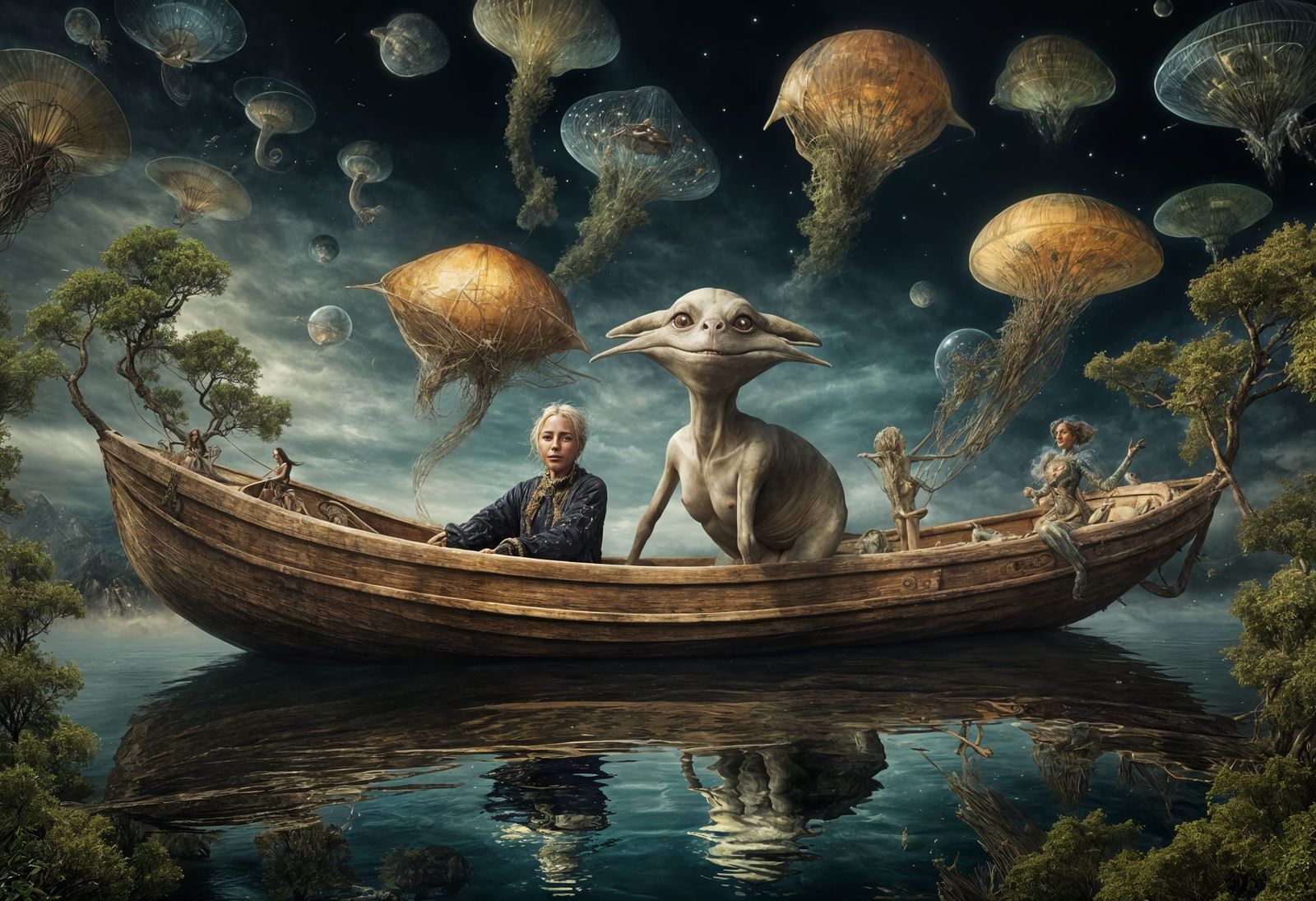 Smiling Alien People and Pets in Surreal Setting