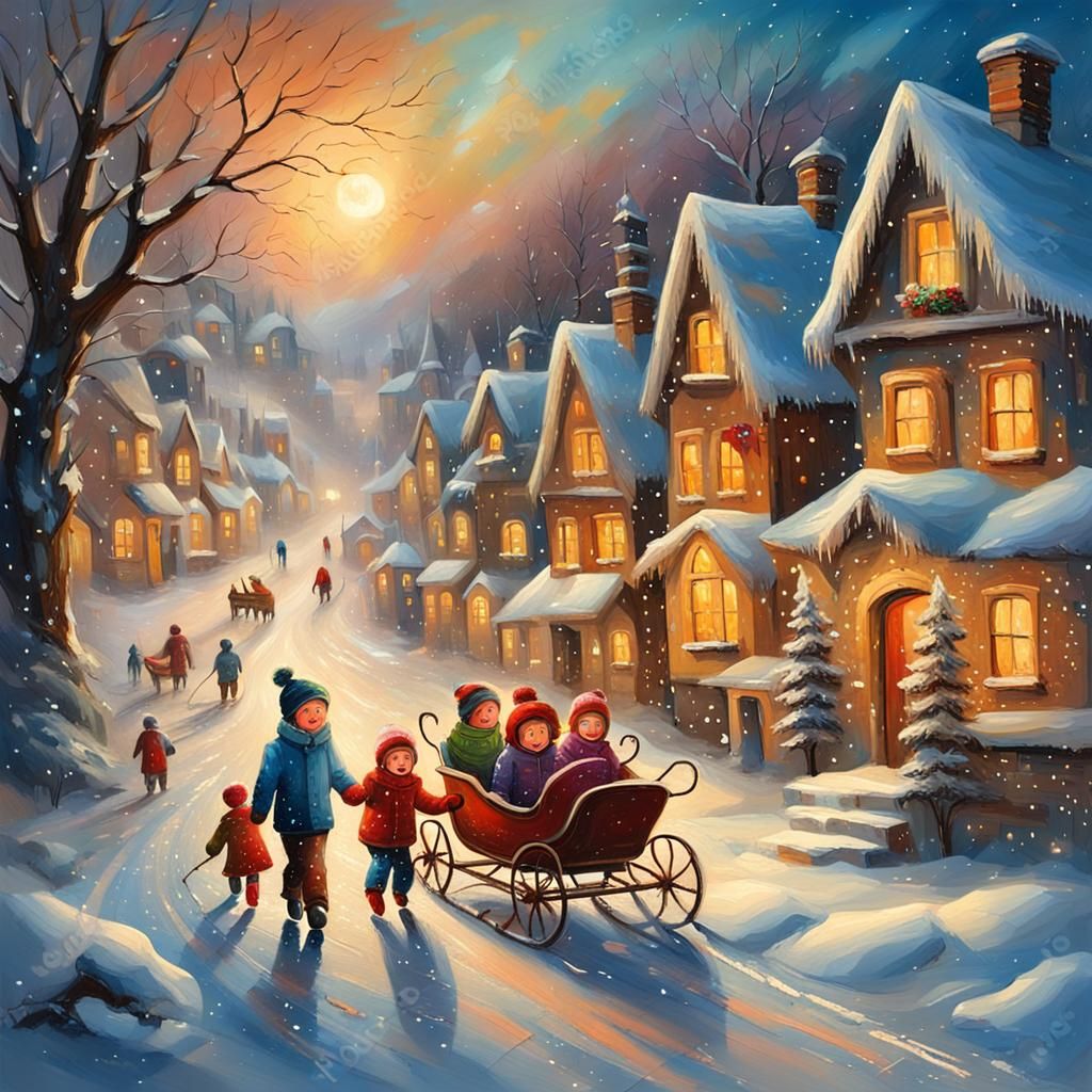 Children's Winter Fantasy: Scratchy Oil Painting