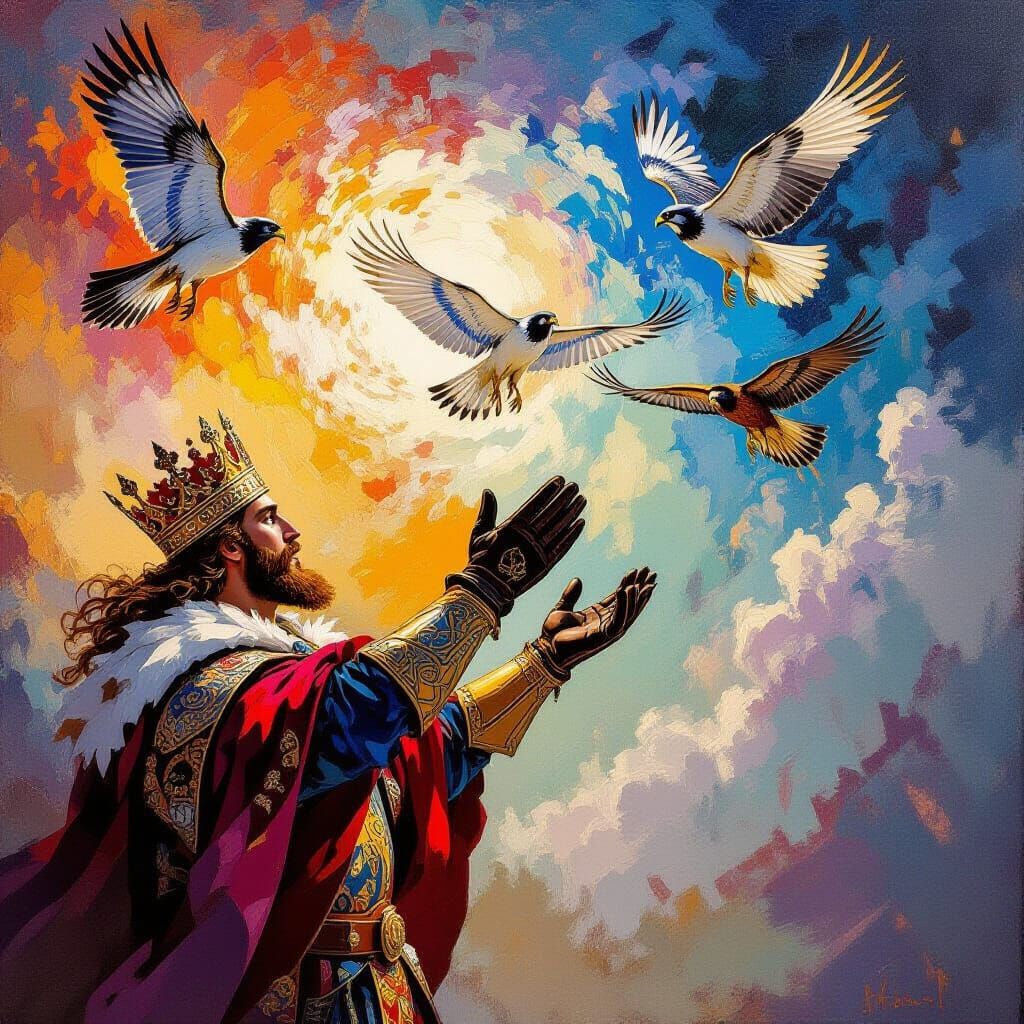King Releases Hawks into Abstract Sky
