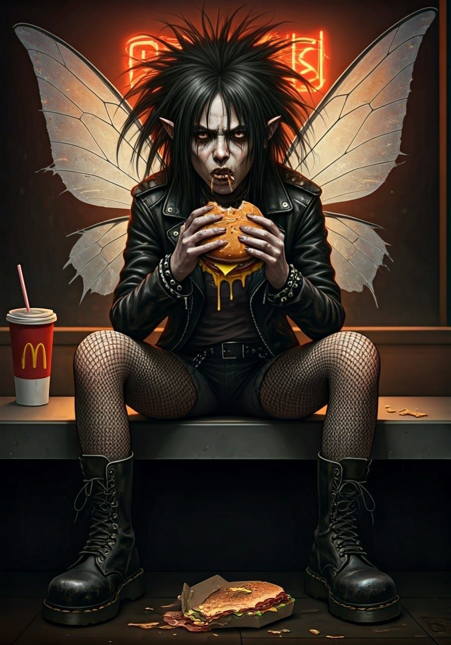 Rebel Fairy in Leather Jacket Devours Late-Night Burger