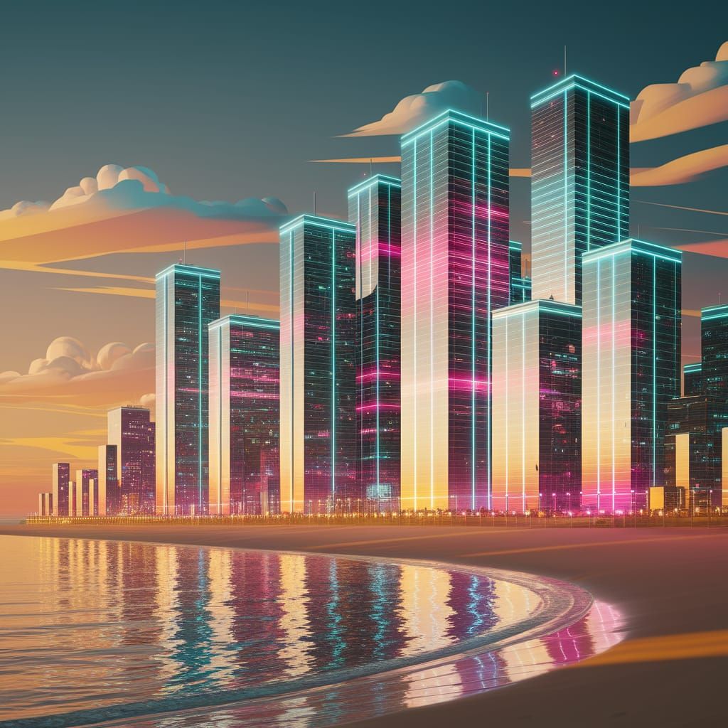 Surreal Beach Metropolis Glows Under Sunset