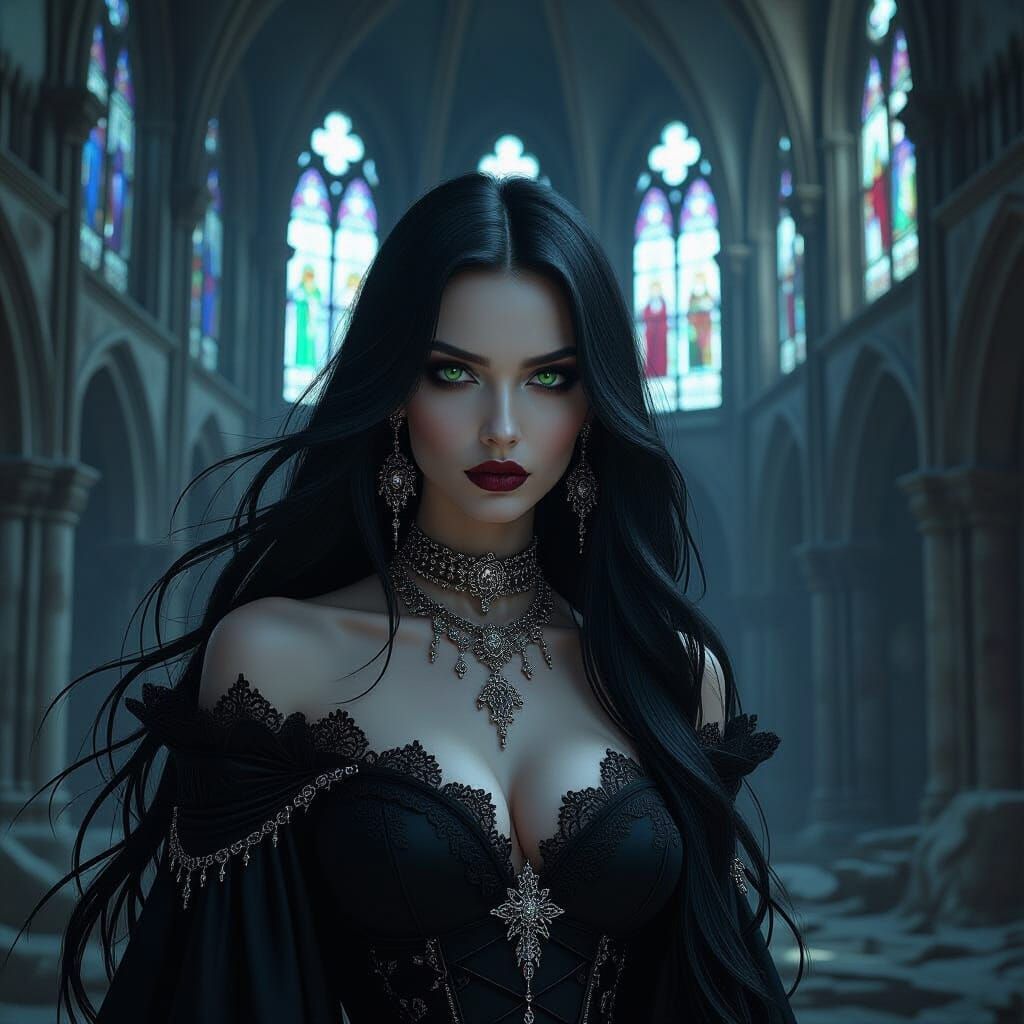 Gothic Woman in Abandoned Cathedral, Dark Fantasy Art