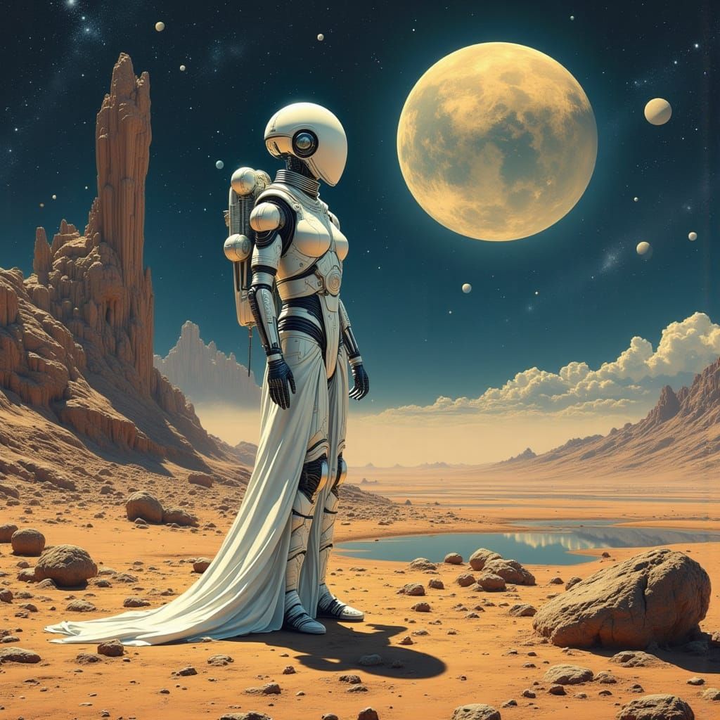 Alien Woman Gazing at Moon in Sci-Fi Style