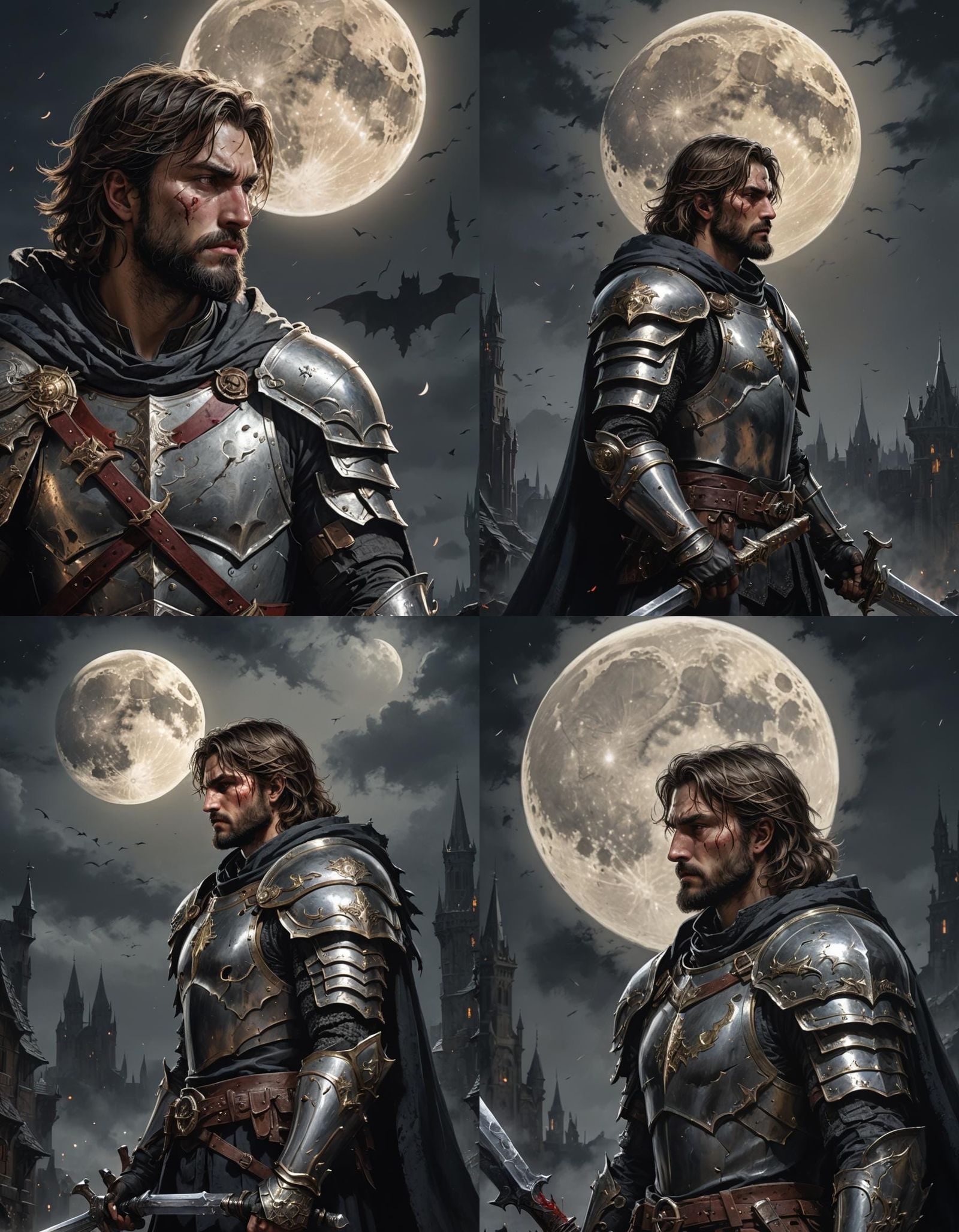 Paladin Gazing at Moon in Hyperrealistic Style