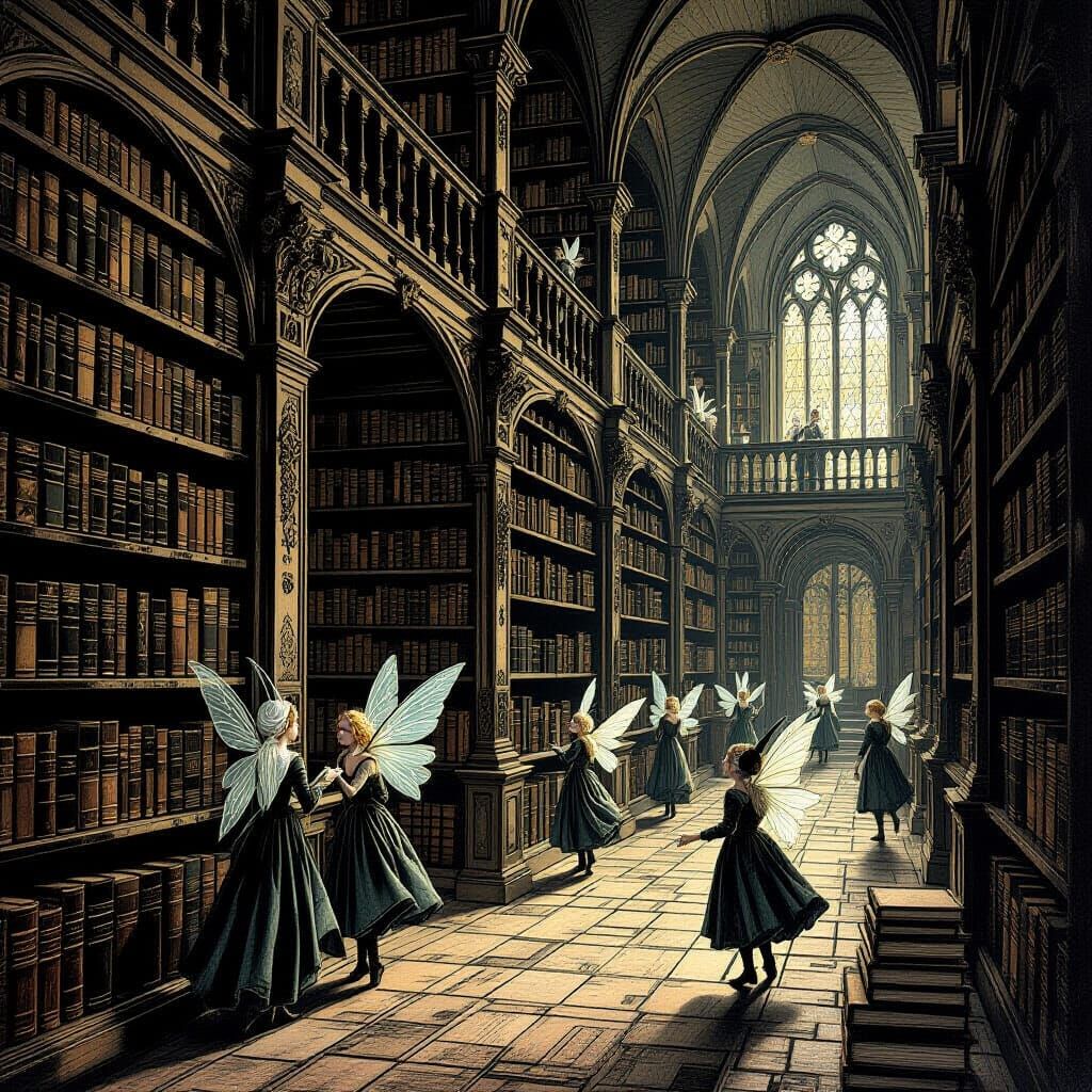 Gothic Library Engraving with Fairies and Gnomes