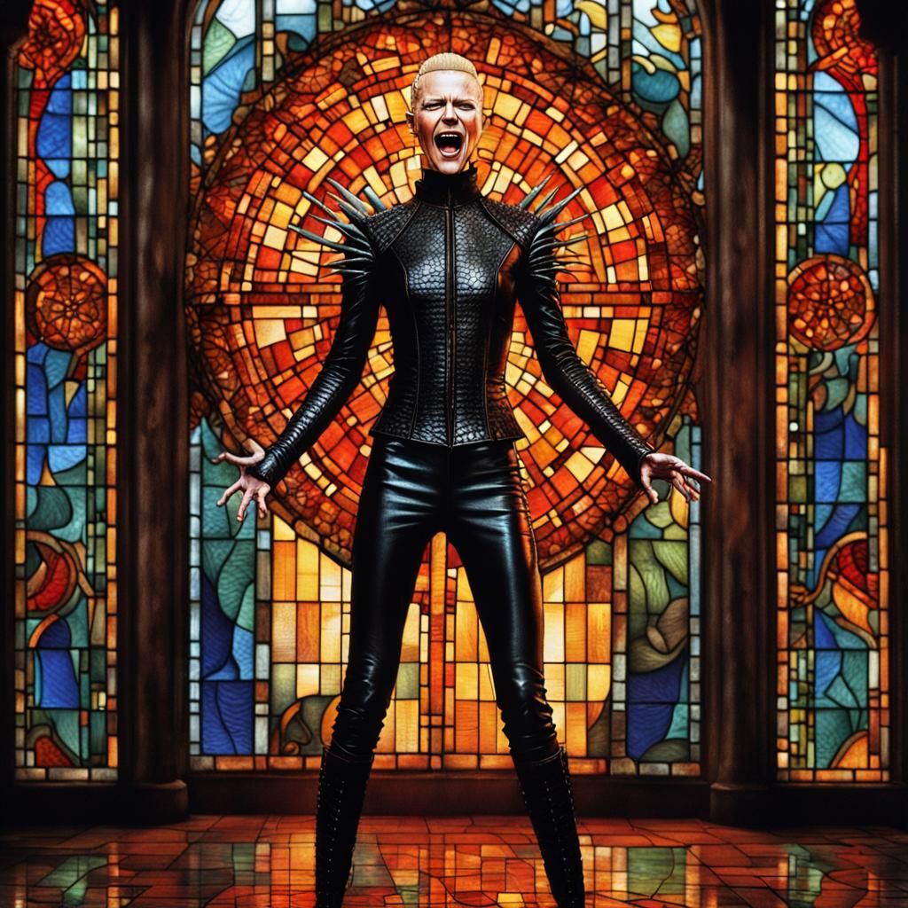 Female Pinhead Screaming Before Stained Glass