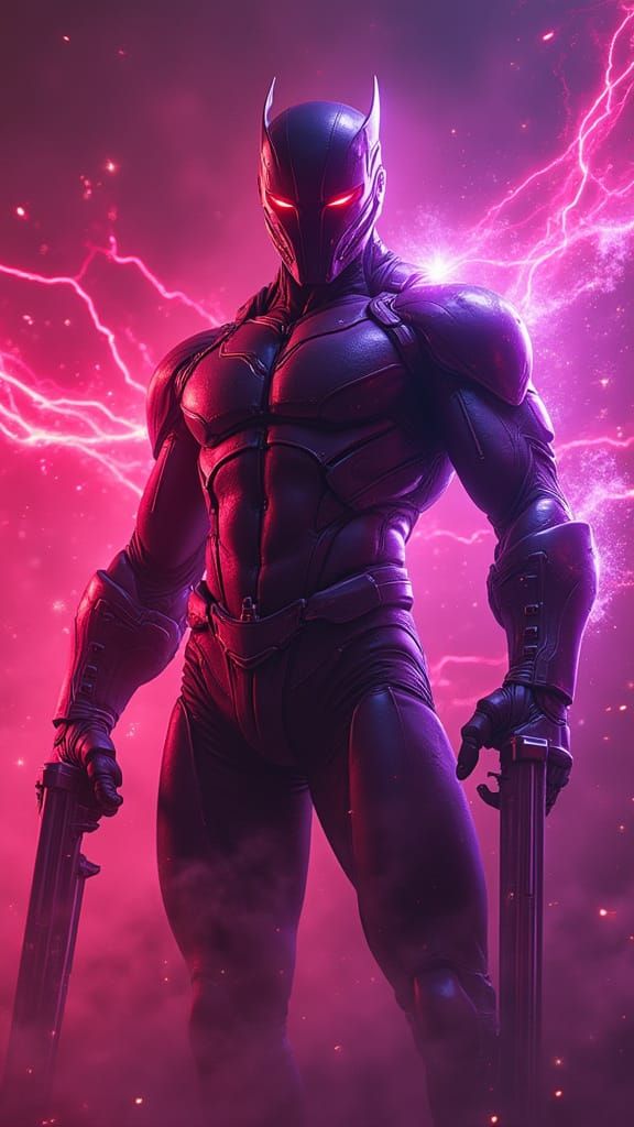 Hero in Crimson Suit with Neon Lights