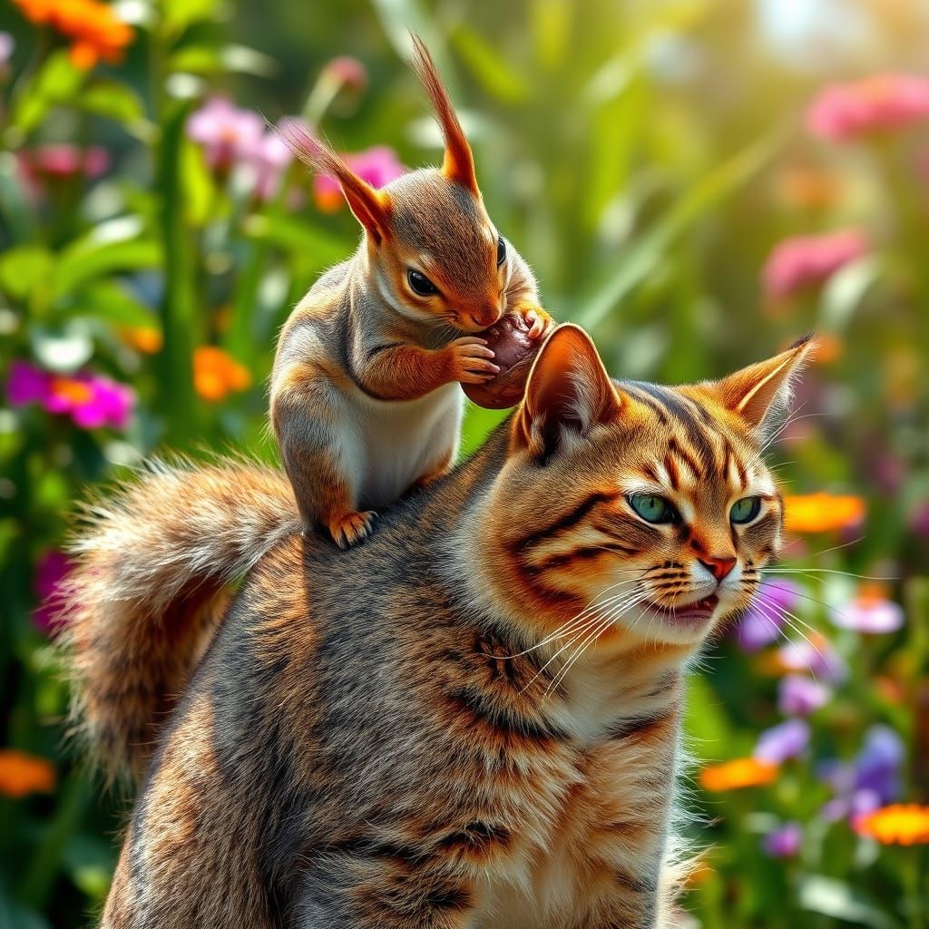 Squirrel and Grumpy Cat in Sun-Drenched Garden
