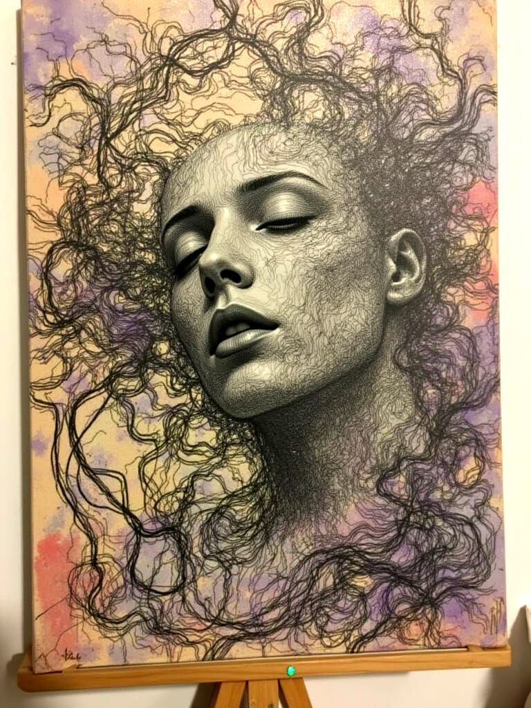 Surreal, Hand-Drawn Portrait in Muted Pastels and Deep Grays
