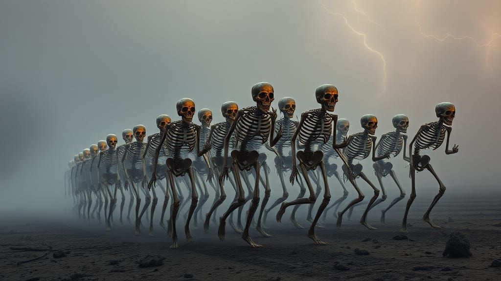 Skeletal Warriors March Across Haunting, Ash-Filled Wastelan...