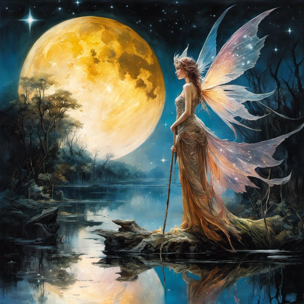 Fairy by Pond Reflecting Moonlight: Watercolor Art